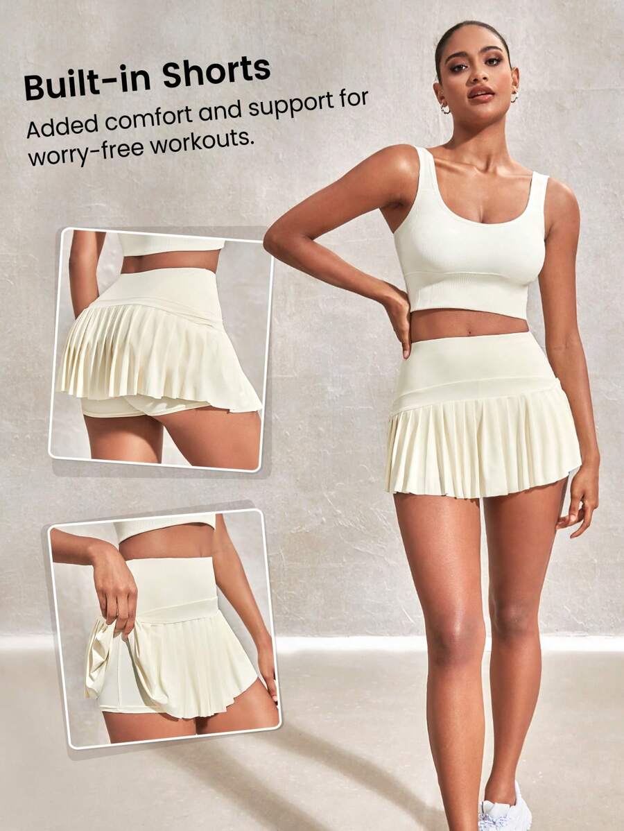 SHEIN Sports Váy thể thao xếp li màu trơn Quần vợt - Màu vàng - Xem 1