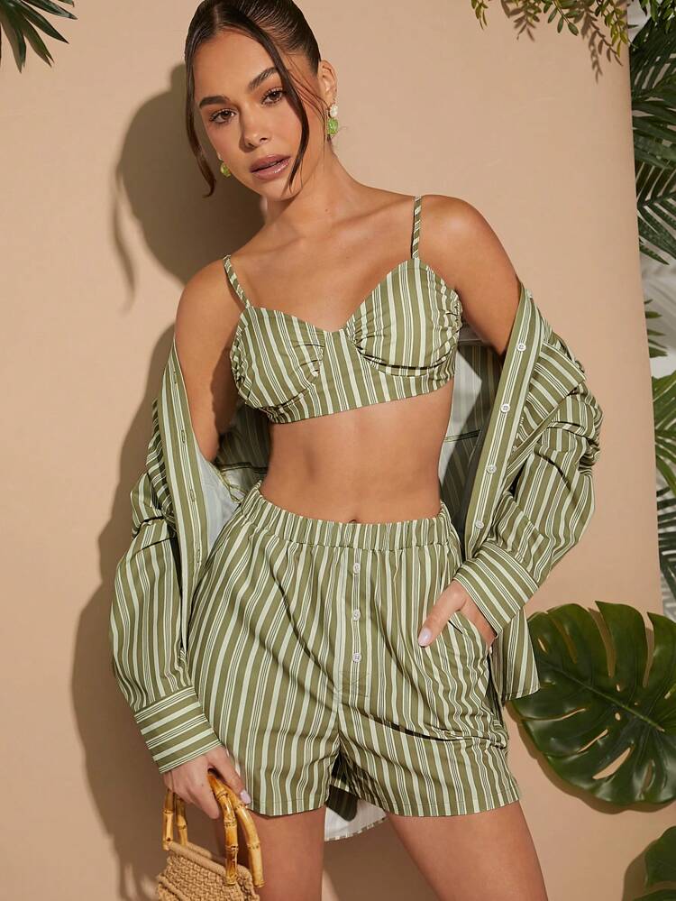 Stripe Crop Top & Shorts & Shirt Two Pieces Set
