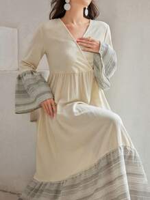 Al Najma Patchwork Striped V-Neck Flare Sleeve Dress - Apricot - View 3