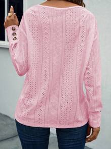 INAWLY 大尺碼純色中空刺繡v領t恤 - 粉色 - 查看 2