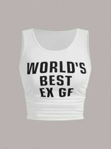 SHEIN LUNE Plus Size Women's Tank Top With Slogan Print And Round Neck - White - View 1