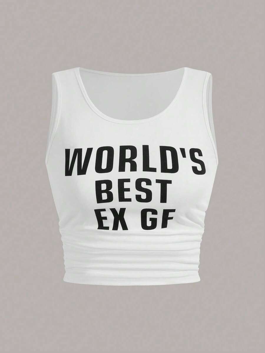 SHEIN LUNE Plus Size Women's Tank Top With Slogan Print And Round Neck - White - View 1