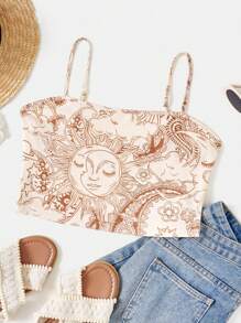 Soleia Women's Holiday Music Festival Sun And Moon Print Bohemian Style Crop Cami Top