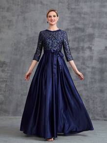 Women Embroidered Bodice Contrast Satin Hem Formal Dress Elegant Mother Of The Bride Dress - Navy Blue - View 1