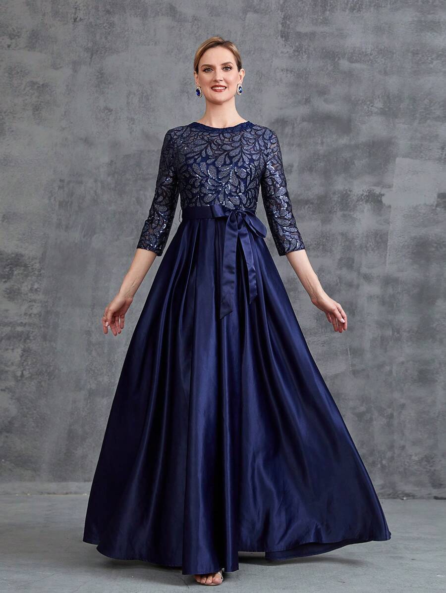 Women Embroidered Bodice Contrast Satin Hem Formal Dress Elegant Mother Of The Bride Dress - Navy Blue - View 1