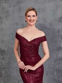 Của phụ nữ Off Shoulder Surplice cổ Kim sa Đầm Party - Màu Đỏ Sâu - Xem 4