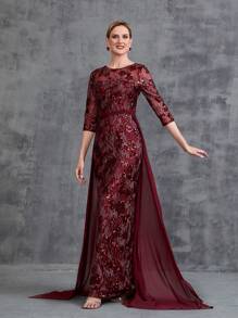 女式 3/4 袖亮片雪纺尾礼服