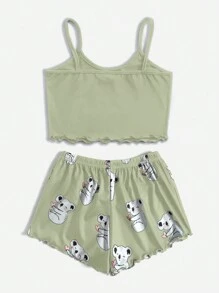 Tween Girl Simple And Cute Koala Printed Tank Top And Shorts Set, Leisure Home Clothes - Green - View 2