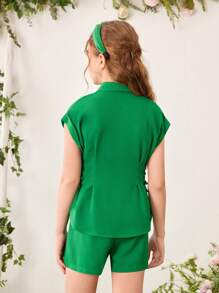 SHEIN 2pcs/Set Tween Girl Cross Front Crop Top And Wide Leg Shorts - Green - View 2