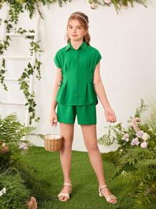 SHEIN 2pcs/Set Tween Girl Cross Front Crop Top And Wide Leg Shorts - Green - View 5