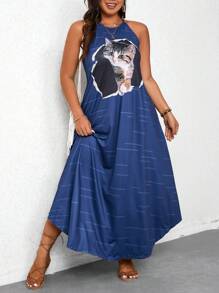 SHEIN Holidaya Kích thước lớn Của phụ nữ Mèo In Halter Neck Đầm - Xanh đậm - Xem 1