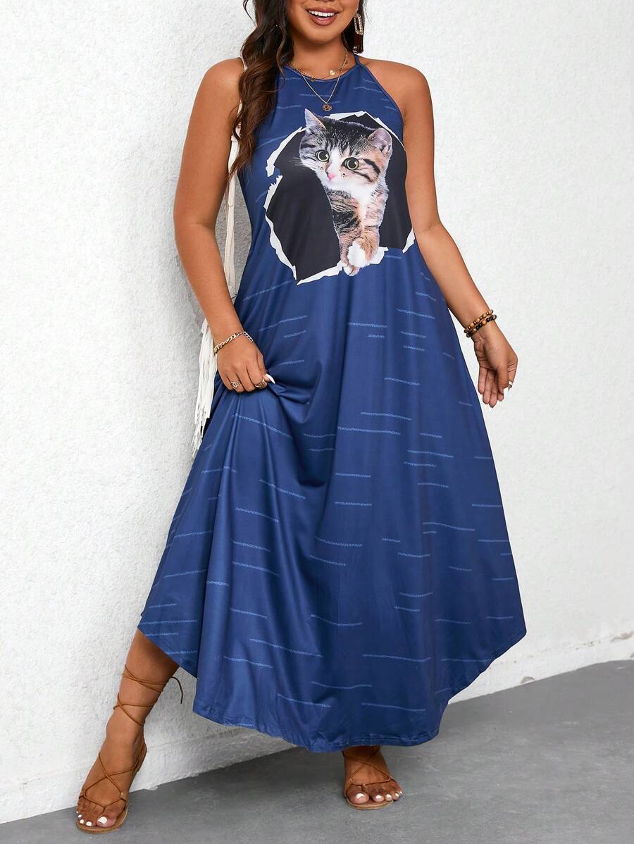 SHEIN Holidaya Kích thước lớn Của phụ nữ Mèo In Halter Neck Đầm - Xanh đậm - Xem 1