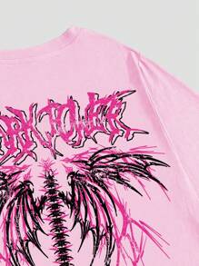 ROMWE MEN Grunge Punk Spring/Summer Casual Graphic Pink Men'S Slogan & Wing Print Short Sleeve T-Shirt, School - Pink - View 3