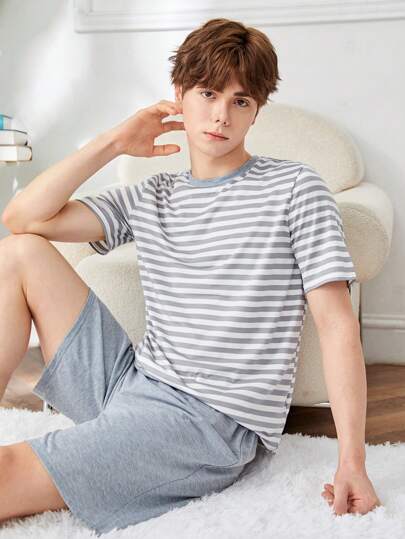 SHEIN Teen Boy Casual Striped Short Sleeve Top And Loose Shorts Home Wear Set For Summer