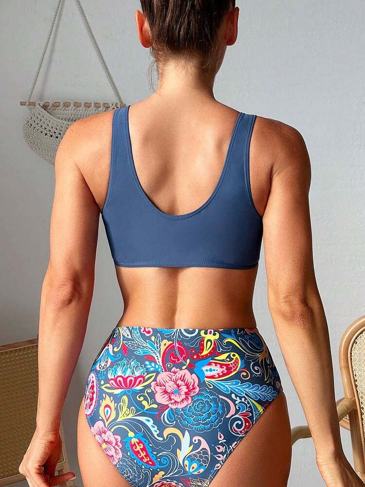 Ladies' Ruffled Wide Strap Floral Print Bikini Set Summer Beach