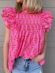 Women's Rose Red Floral Print Cap Sleeve Ruffle Trim High Neck Vacation Blouse Pink Summer - Pink - View 4
