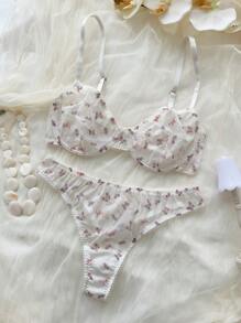 PetitDoll 婚礼季蝴蝶印花透明网眼聚拢文胸和内裤套装（带钢圈）女士内衣