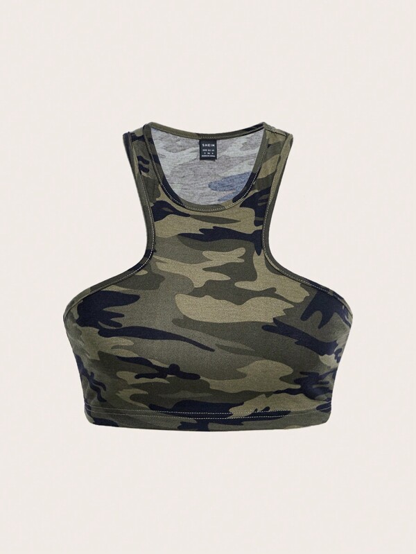 SHEIN EZwear Top sin mangas ajustado y corto con estampado de camuflaje casual y sexy, adecuado para el verano