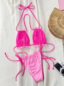 SHEIN Swim Summer Beach Women's Plain Halter Neck Separated Bikini Set With Ruffled Trim - Pink - View 2