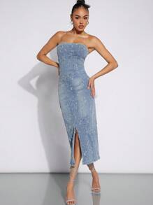 SHEIN Unity Ống Tách ra mặt trước Đầm Denim - Rửa nhẹ - Xem 3