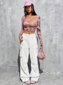SHEIN EZwear In Đá cẩm thạch Lưới mỏng Thon gọn Quần skinny Áo thun - Màu Hồng  San hô - Xem 4