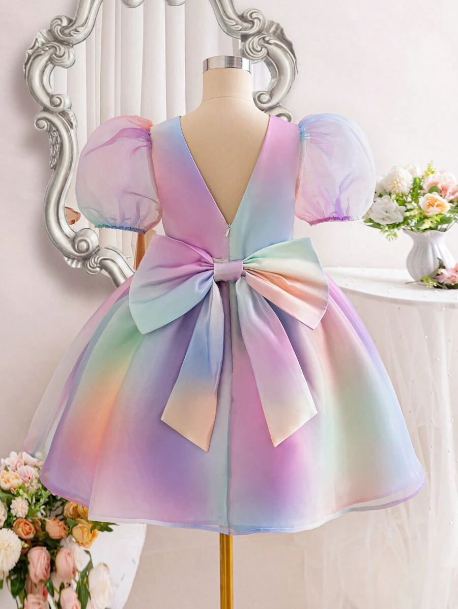 SHEIN Vestido De Princesa De Fantasía Para Chicas Adolescentes Con Mangas Abullonadas Decoradas Con Lazos, Estampado Degradado Y Detalles De Malla En La Espalda En Forma De V - Multicolor - Ver 1