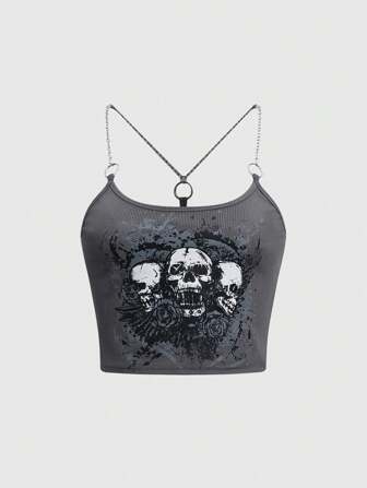 Grunge Punk Top à fines brides à imprimé tête de mort chaîne