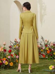 Modelyn Conjunto De Traje De Solapa Con Cuello De Solapa unicolor De Un Solo Pecho - Amarillo - Ver 2