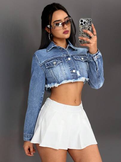 SHEIN ICON Chaqueta Corta De Mezclilla Lavada Con Dobladillo Crudo Desgarrado