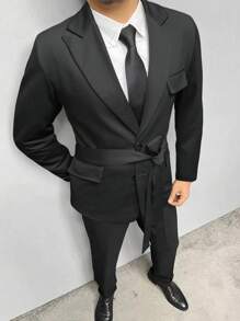 Manfinity Mode Men'S Single-Breasted Long Sleeve Suit Jacket And Pants Set - Black - View 5