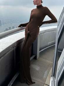 Women Solid Bodycon Long Sleeves Tie Elegant Fall Winter Party Vacation Festival Dress - Coffee - View 2