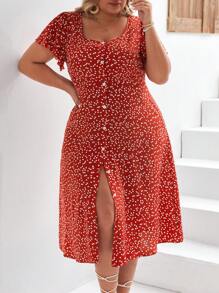 SHEIN Frenchy 大尺寸愛心紋前置鈕中長款洋裝 - 橘色 - 查看 1