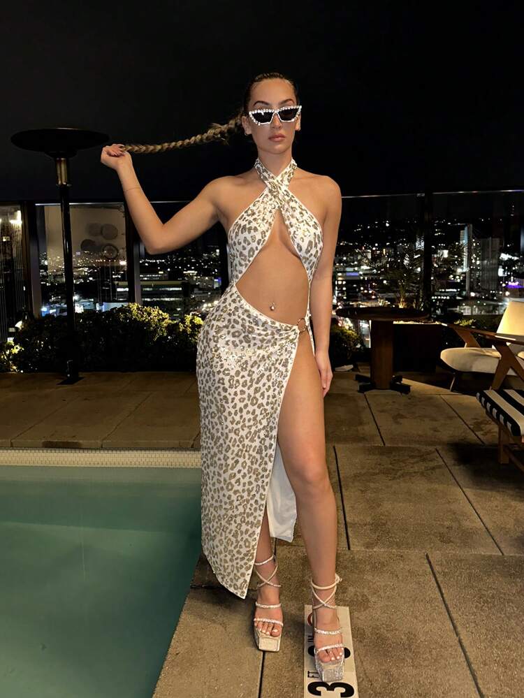 Y2k Summer Music Festival Leopard Print Sparkly Cut Out Cross Back High Slit Halter Maxi Long Dress