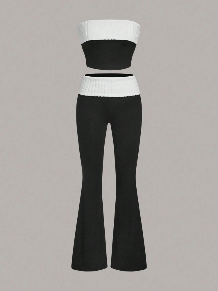 Two Tone Crop Tube Top & Flare Leg Pants