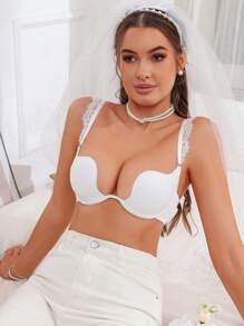 SHEIN Elegant White Embroidery Lace Push Up Bra For Women Sexy Lingerie Bridal Underwear - White - View 5