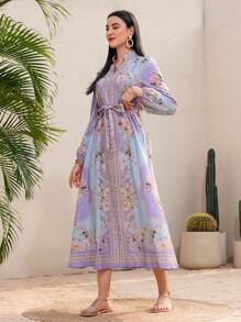 Modelyn Robe longue à manches lanternes pour femmes avec col cranté et imprimé floral blocs de couleurs