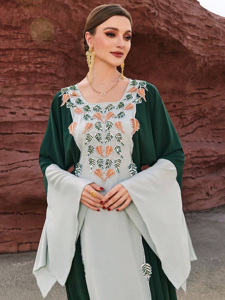 Women's Elegant Embroidered & Beaded Leaf Detail Patchwork Bell Sleeve Kaftan Dress, Elegant Luxury Evening Party Style