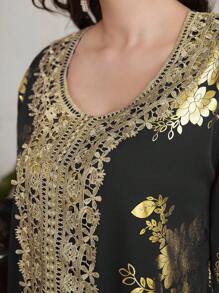 Al Najma 1 đầm nữ in hoa sang trọng & ren & váy kiểu Ả Rập có tay loe - màu đen - Xem 3