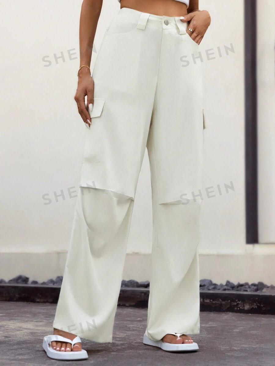 GENKIRA Pantalones De Pierna Ancha De Color Sólido Con Bolsillos Inclinados Y Detalle De Solapa - Caqui - Ver 1