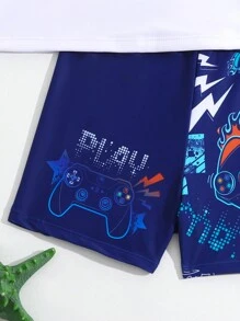 Tween Boy Long Sleeve Swimsuit Set Featuring Letter And Game Handle Printed Raglan-Sleeve Shirt - Navy Blue - View 4