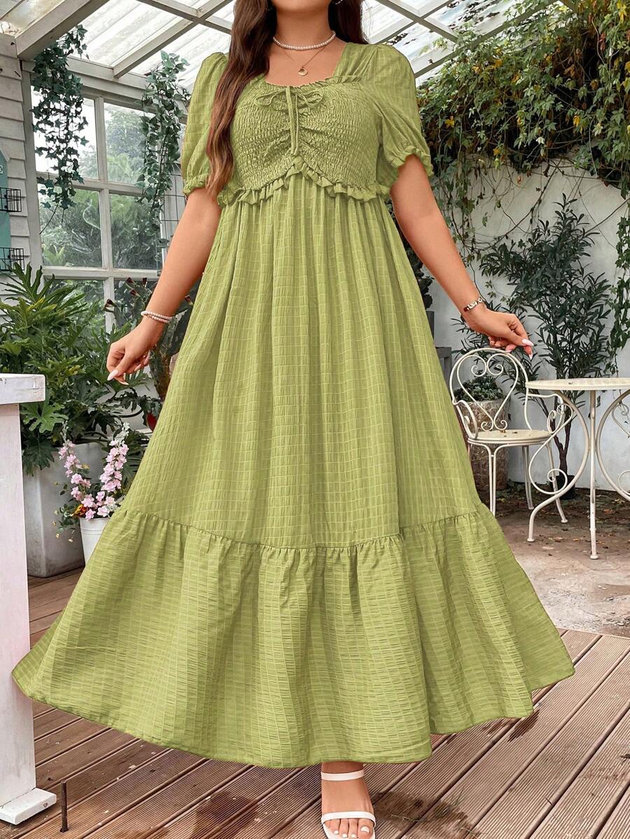Breezaya 大碼純色紋理泡泡袖長裙 - 橄欖綠 - 查看 1
