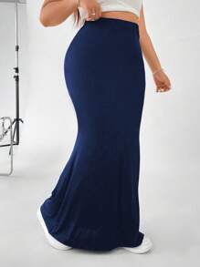 Flirla 大码纯色弹力腰美人鱼下摆长裙 - 藏蓝色 - 查看 3