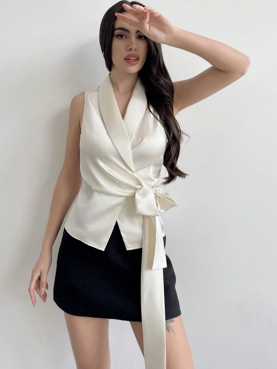 Firerie Camisa elegante con cuello en pico y cinturón anudable, ropa de oficina para dama - Caqui - Ver 1