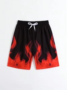 Shorts De Playa De Cintura Elástica Para Niños Con Estampado De Llamas, Traje De Baño Para Vacaciones De Verano - Rojo - Ver 4