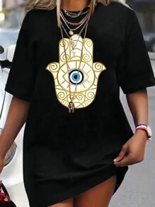 SHEIN LUNE Plus Size Women's Summer Eye Pattern Printed Round Neck Short Sleeve T-Shirt Dress - Black - View 1