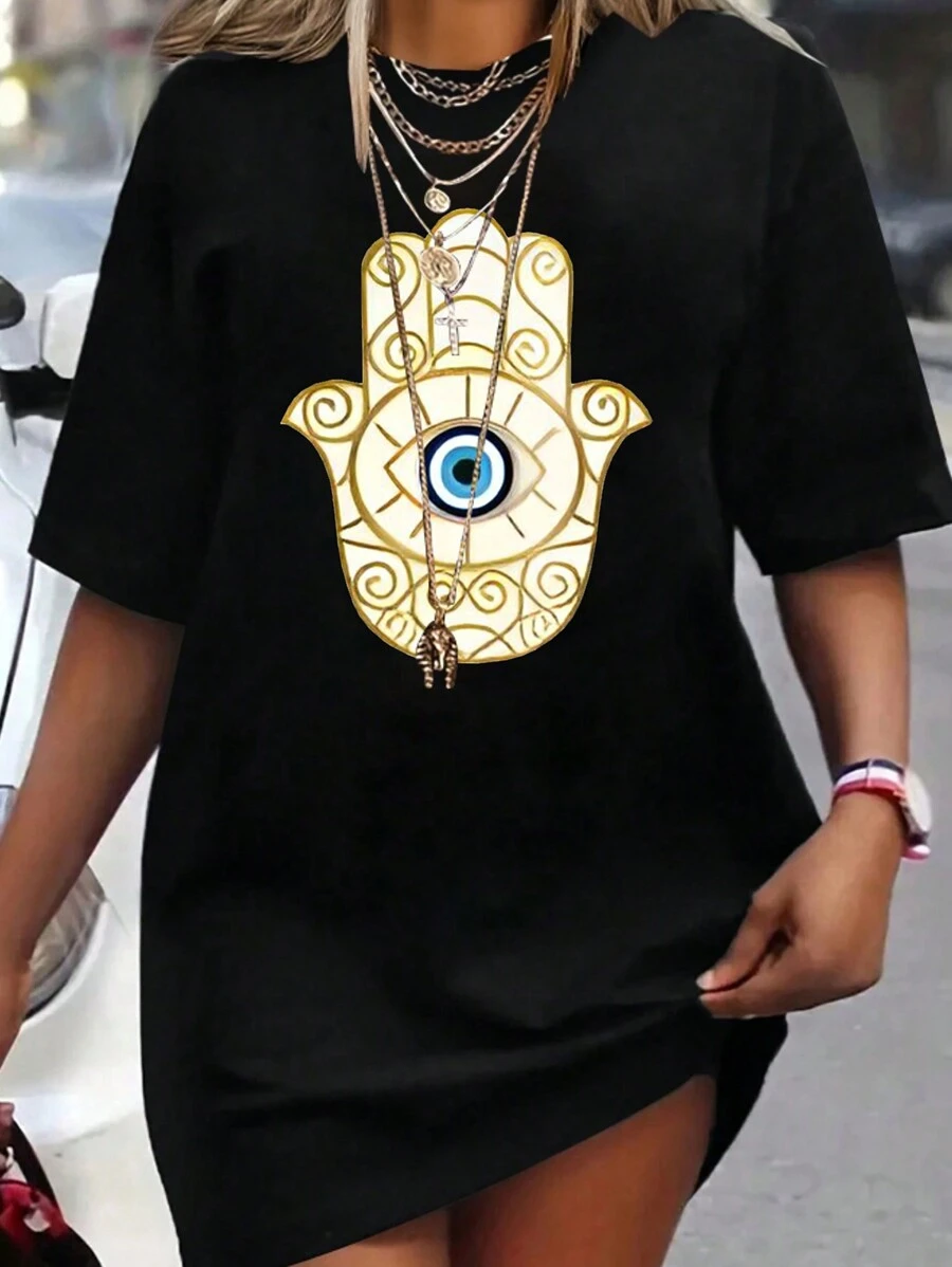 SHEIN LUNE Plus Size Women's Summer Eye Pattern Printed Round Neck Short Sleeve T-Shirt Dress - Black - View 1