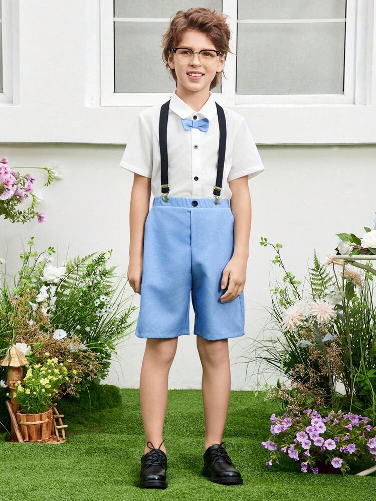 2pcs/Set Tween Boy Elegant Shirt With Bow Tie And Suspenders Shorts Gentlemen Outfit