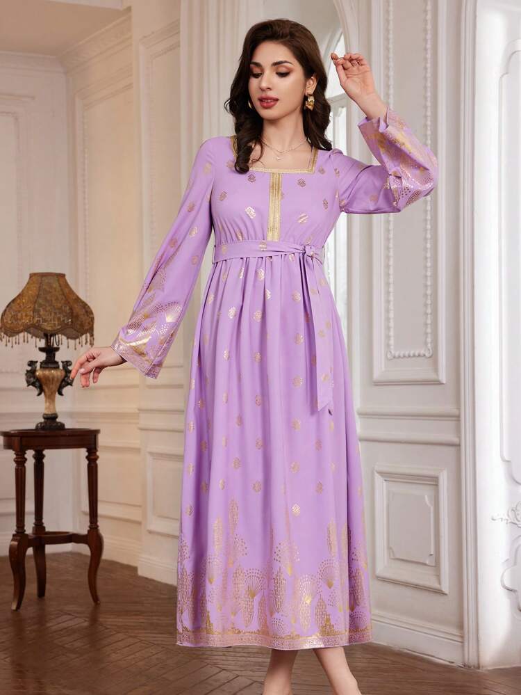 Gold Stamping Printing Square Neckline Cinching Waist Bell Sleeve Dress Fall Cloth For Women