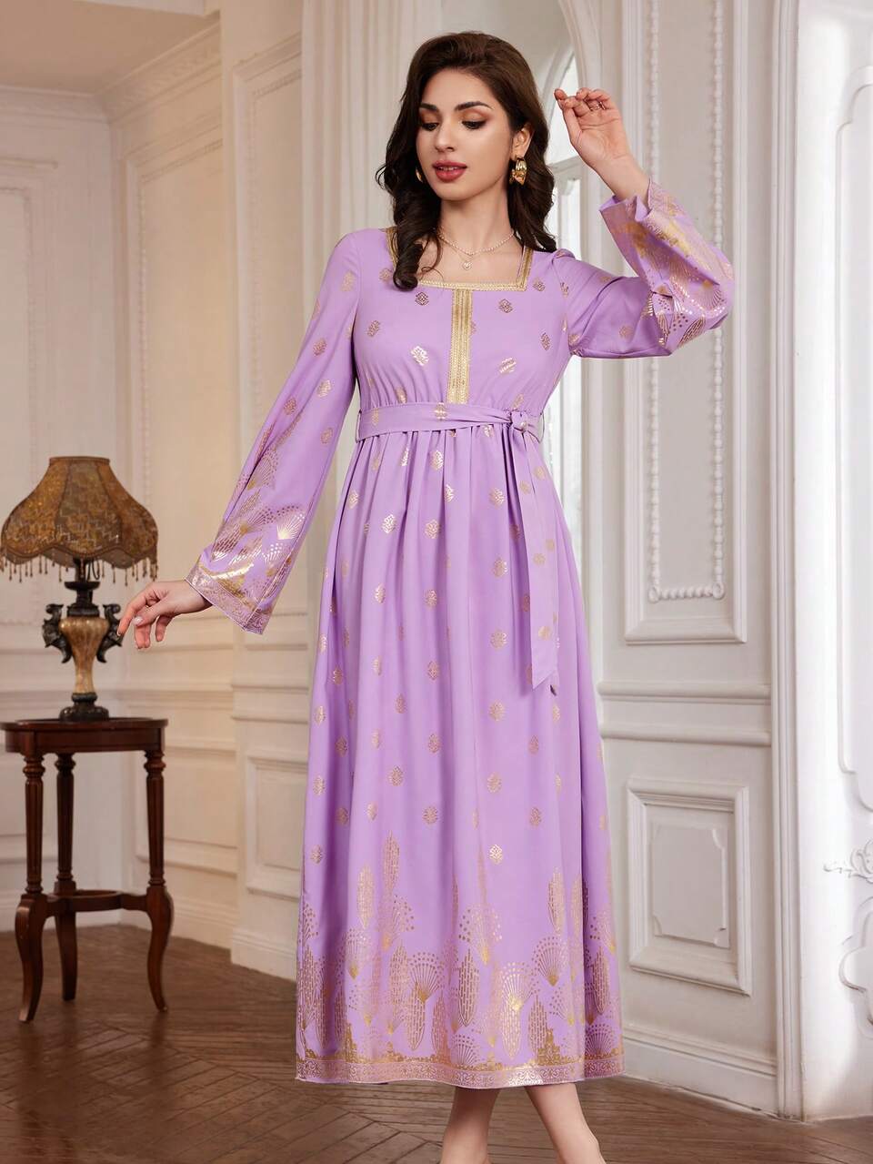Gold Stamping Printing Square Neckline Cinching Waist Bell Sleeve Dress Fall Cloth For Women