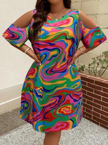 Breezaya Plus Size Loose Fit Colorblock Cold Shoulder Neckline Casual Dress - Hot Pink - View 5